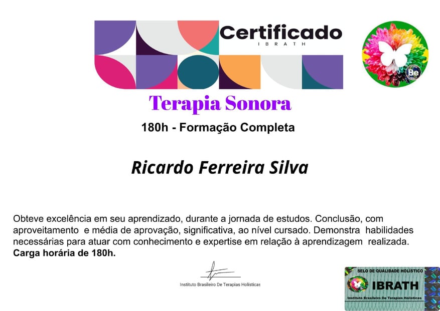 foto do certificado da formação em terapia sonora, do terapeuta Ricardo Silva.